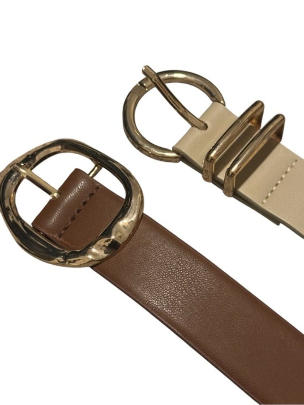🤎 NWOT Bundle of 2 Women’s Classic Neutral Brown Cream Gold Minimalist Belts L